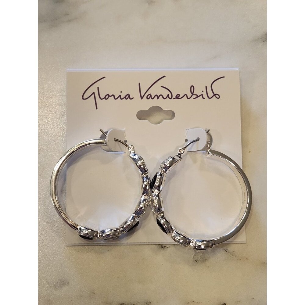 Gloria Vanderbilt Silver-Tone Hoop Earrings With Black & Clear Crystal Accents